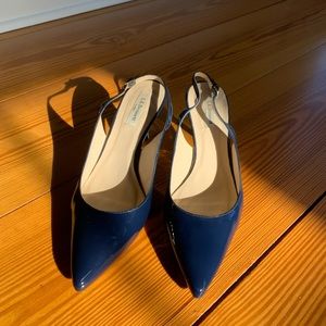 LK Bennett patent blue kitten heel sling backs